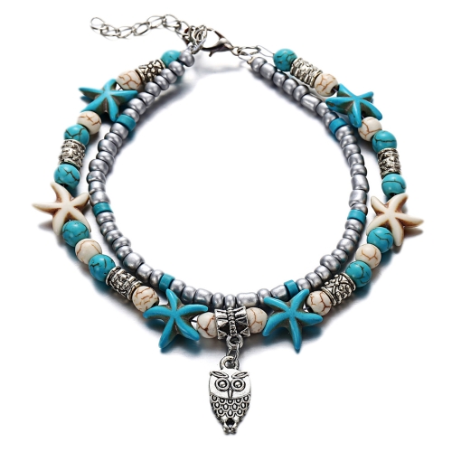 

Vintage Shell Starfish Sea Beads Turquoise Beads Anklets Dual-Layer Anklet Bracelets(Owl)