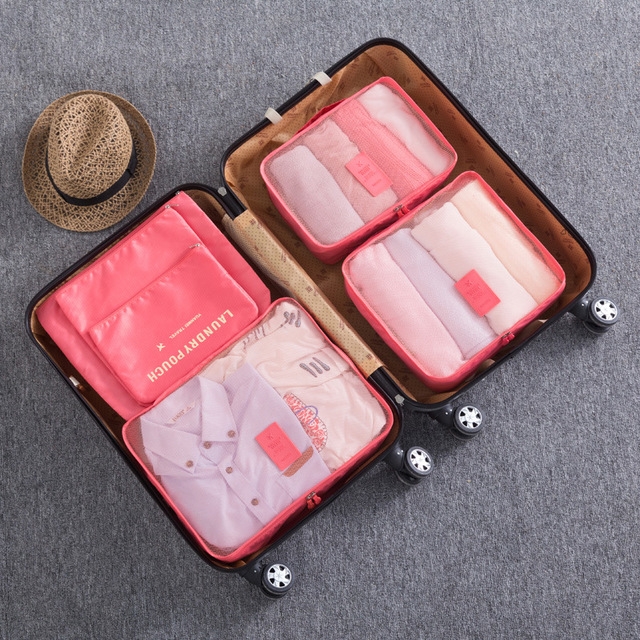 

6 in 1 Fashion Big Capacity Zipper Nylon Waterproof Women Travel Bag Luggage Organizer Journey Bag(Watermelon red)