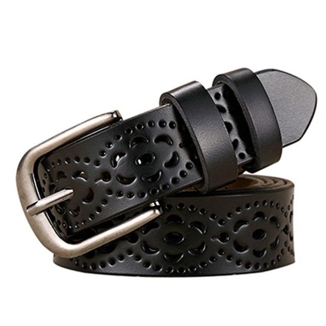 

Women Genuine Leather Belt Floral Carved Cow Skin Belts for Jeans, Belt Length:115cm(Black)