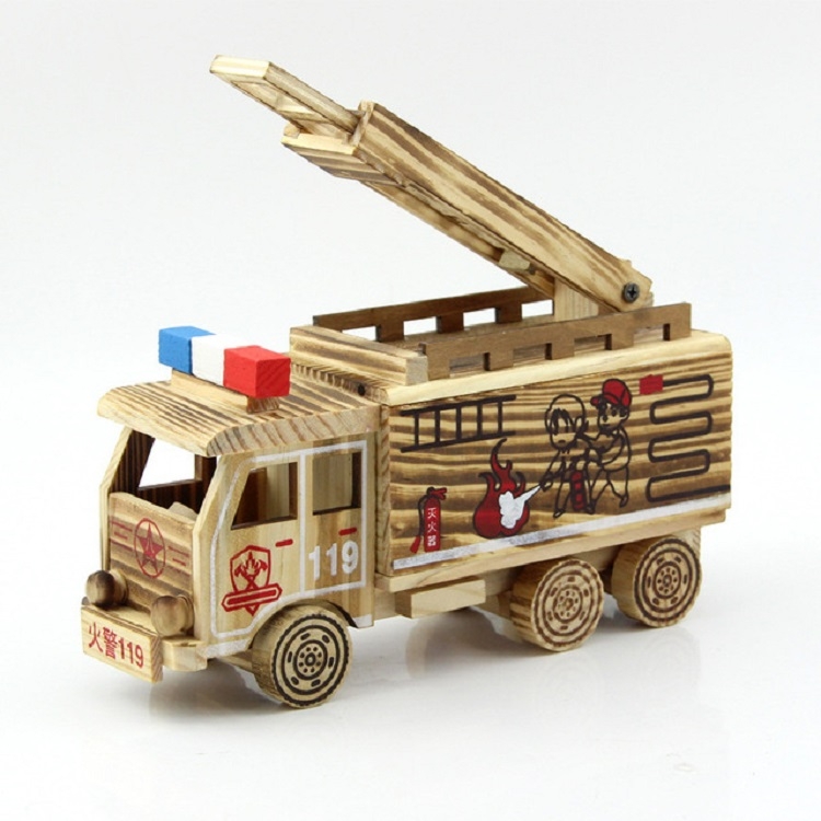 

Simulation Fire Rescue Truck Creative Home Model Wooden Ornaments。, Style:Fire Truck