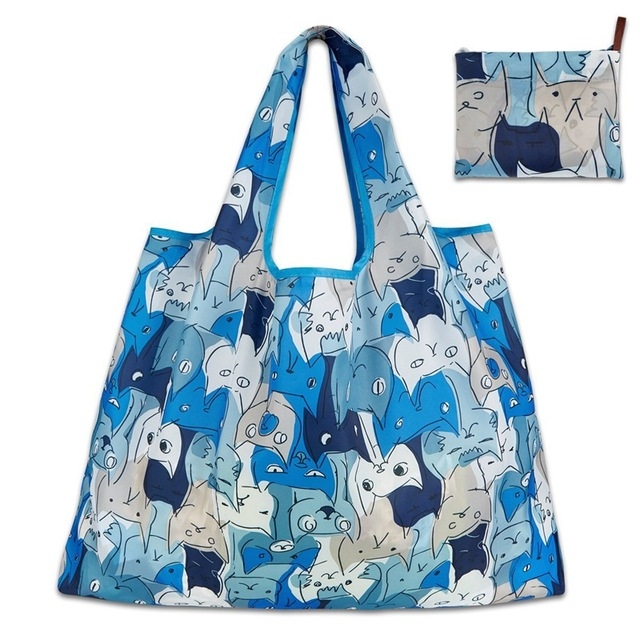 

Printing Pattern Lady Foldable Oxford Cloth Shopping Bag Reusable Fruit Grocery Pouch Recycle Organization Bag(Blue Cat)