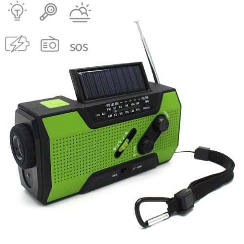 

Multifunctional Hand Crank Solar Power LED Flashlight Full Band FM Radio Desk Lamp Alarm, Style:Ordinary Version(Green)