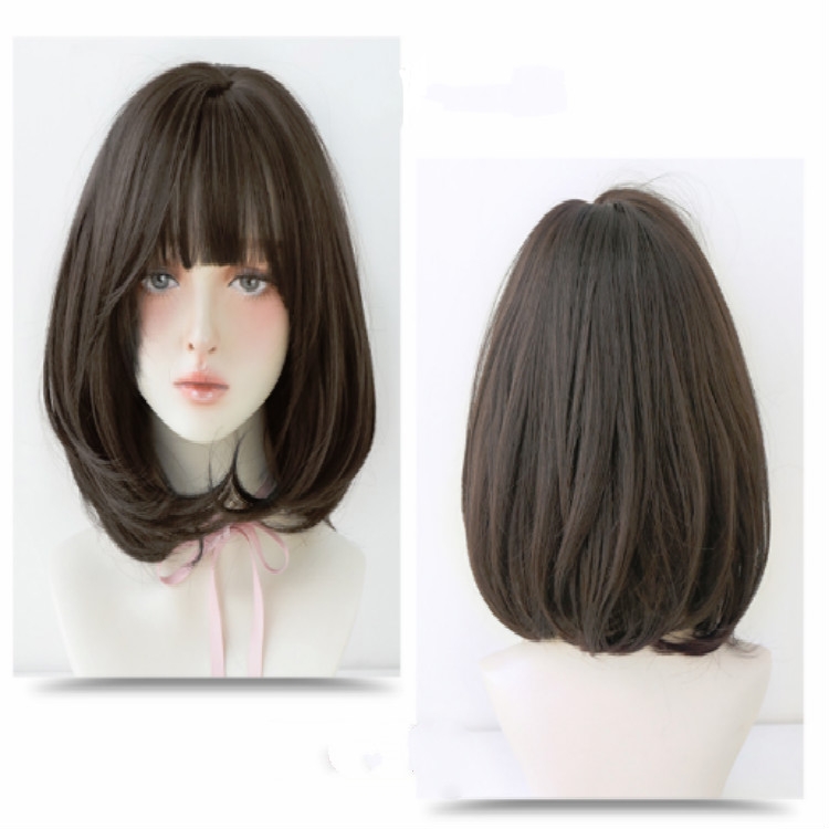 

Female Short Hair With Bangs Wig Suitable For Round Face Shoulder Buckle Hair, Color:Chocolate Color 40CM