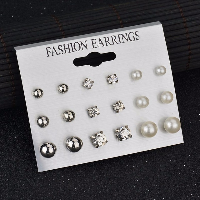 

Square Crystal Heart Stud Earrings Pearl Flower Earrings Set for Women(Mixed Silver)