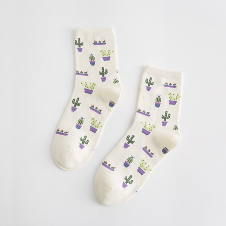 

Summer Cactus Pattern Boat Flower Women Cotton Socks(White)