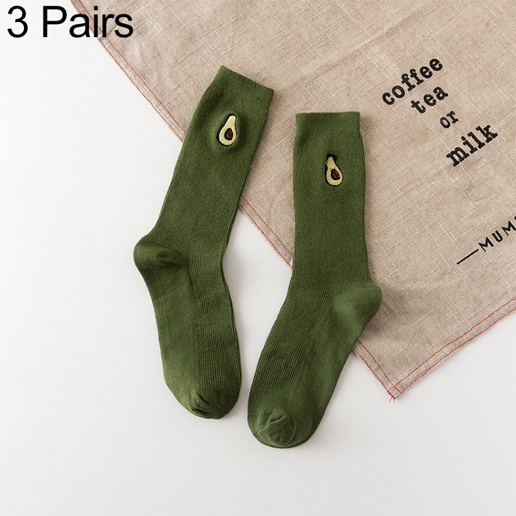 

3 Pairs Plain Color Fruit Embroidery Pattern High Tube Women Socks(Army Green)