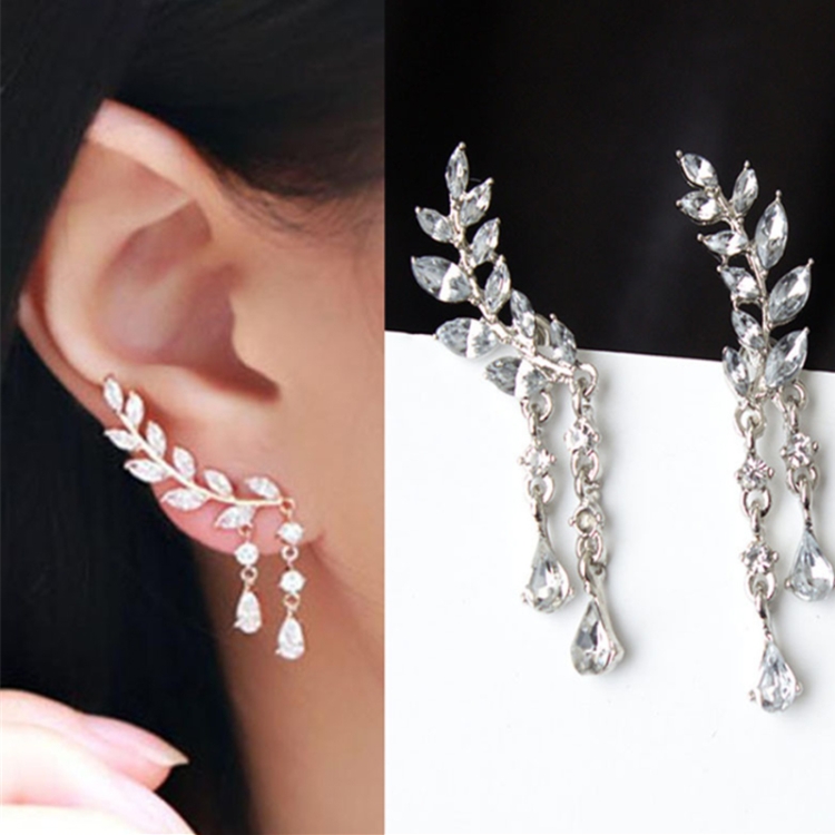 

Women Crystal Leaf fringed Earrings silver