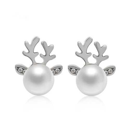 

2 Pairs Micro-set Pearl Antler Earrings Deer Head Earrings Elk Ear Studs(Silver)