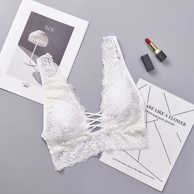 

Sexy Lace Camisoles Tank Top Deep V Back Cross Wirefree Underwear Lingerie Brassiere(White)