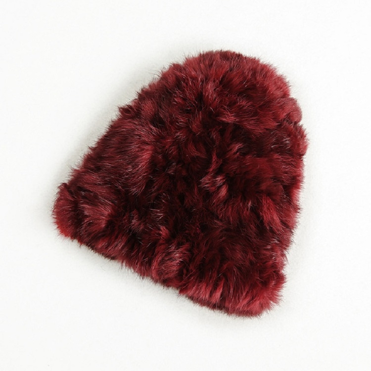 

Plus Velvet Thicken Crochet Elastic Rabbit Fur Double-sided Hat, Size:One Size(Red Wine)