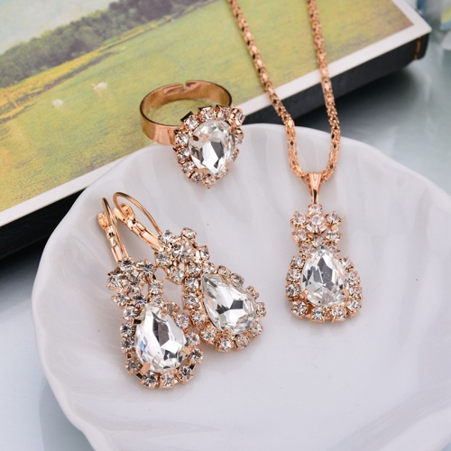 

3 in 1 Gold Chain Water Drop Shape Crystal Earrings Necklace Adjustable Rings Set Women Jewelry Sets(White)