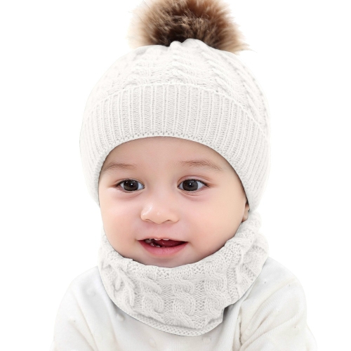 

Knitted Warm Round Machine Cap Protects Ear Bonnet Baby Winter Hats Caps + Scarf Suits(White)