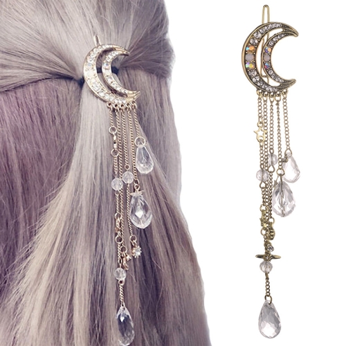 

Fashion Elegant Women Lady Moon Rhinestone Crystal Tassel Long Chain Beads Dangle Hairpin Hair Clip Hair Jewelry(Bronze)