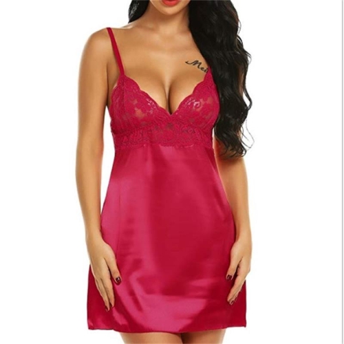 

3 PCS Sexy Lingerie Women Silk Lace Casual Loose Solid Sleeveless Dress Nightgown Sleepwear(Red)