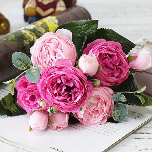 

Beautiful Rose Peony Artificial Silk Flowers Small Bouquet Fores Home Party Spring Wedding Decoration Fake Flower(Pink and dark pink)