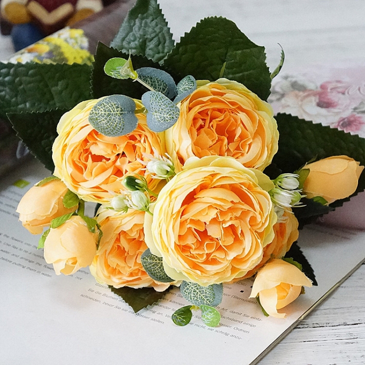 

Beautiful Rose Peony Artificial Silk Flowers Small Bouquet Fores Home Party Spring Wedding Decoration Fake Flower(Orange)