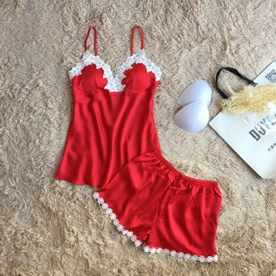 

Lingerie Pajamas Suits Lace Satin Pijama Nightwear Homewear, Size:L(red )