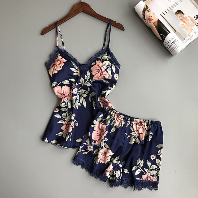 

Ice Silk Print Two-piece Halter Strap Short Pajamas(Blue)