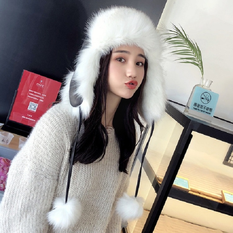 

Women Winter PU Leather Plus Velvet Thicken Warm Bomber Hat Flight Cap, Size:One Size(Black and White)
