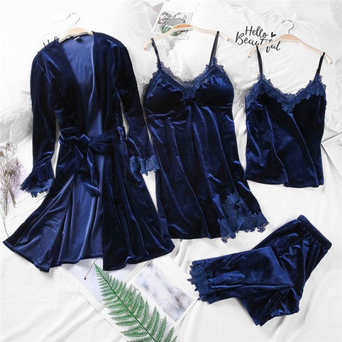 

Gold Velvet 4 Pieces Warm Winter Pajamas Sets, Size:M(Navy Blue)