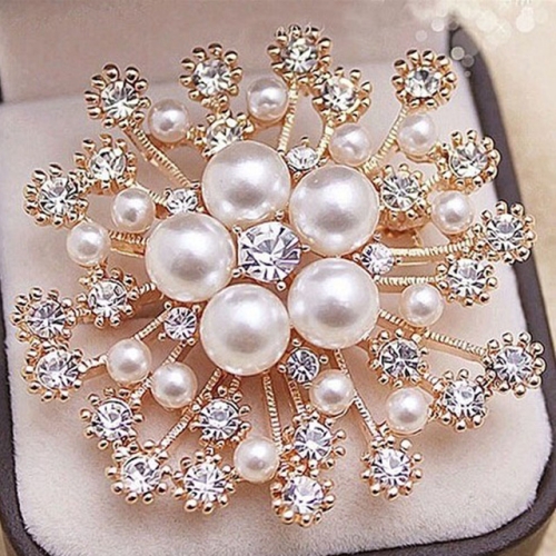 

Women Large Snowflake Imitation Pearls Rhinestones Crystal Brooch Pin Jewelry(Gold)