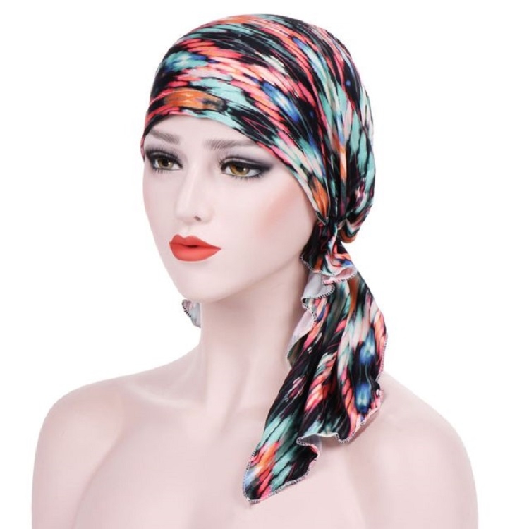 

Stretch Printed Turban Big Tail Hat Flower Cloth Curved Turban Hat, Size:M 56-58cm(Colorful Black)