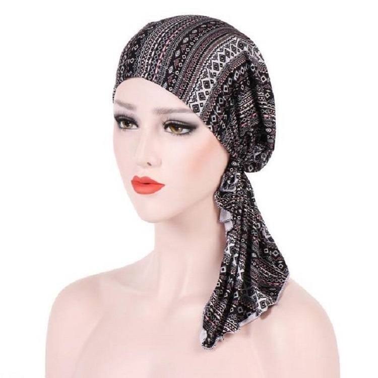 

Stretch Printed Turban Big Tail Hat Flower Cloth Curved Turban Hat, Size:M 56-58cm(Pink Stripes)