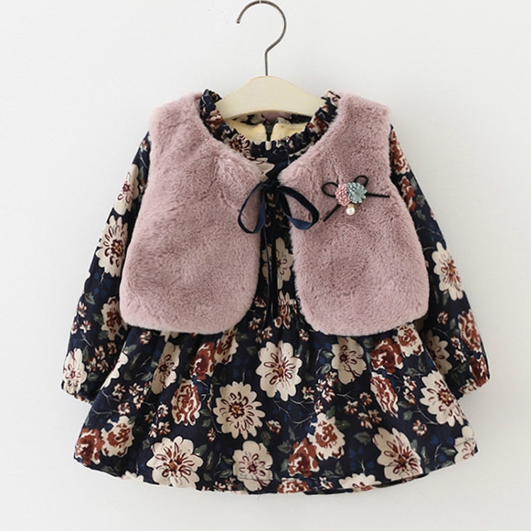 

Winter Girls Flower Print Pattern Dress + Fleece Vest Set, Size:100cm(Gray)