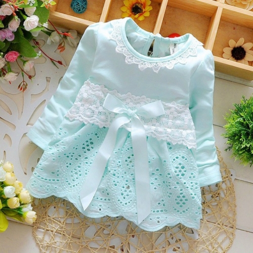 

Spring and Autumn Sweet Round Neck Lace Long Sleeve Dress Cutout Small Flower Bow Dress, Size:S(Light Blue)