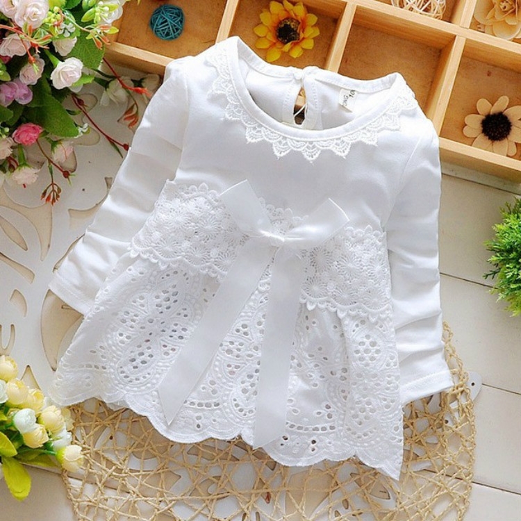 

Spring and Autumn Sweet Round Neck Lace Long Sleeve Dress Cutout Small Flower Bow Dress, Size:M(White)