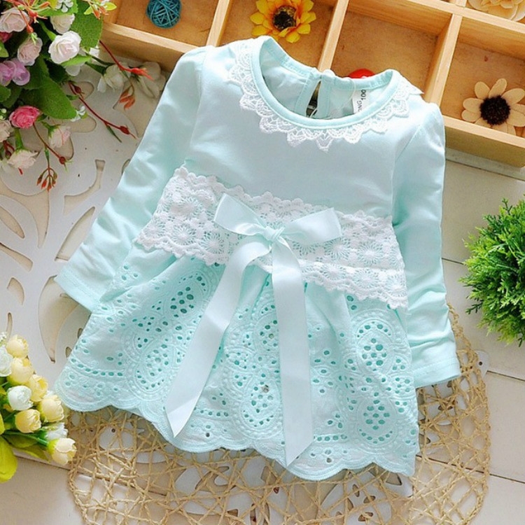 

Spring and Autumn Sweet Round Neck Lace Long Sleeve Dress Cutout Small Flower Bow Dress, Size:L(Light Blue)