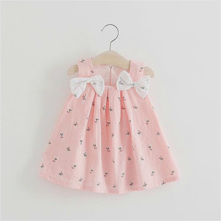 

Summer Girls Double Shoulders Bow-knot Flower Print Slip Dress Casual Dress, Size:110cm(Pink)