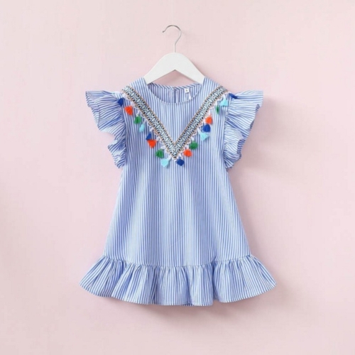 

Neckline Fringed Vertical Stripes Ruffled Girl Gress(140cm)