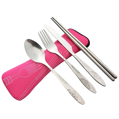 

ASD88 4 Pcs/Set Stainless Steel Fork Spoon Chopsticks Travel Camping Cutlery Tools Tableware(Pink)