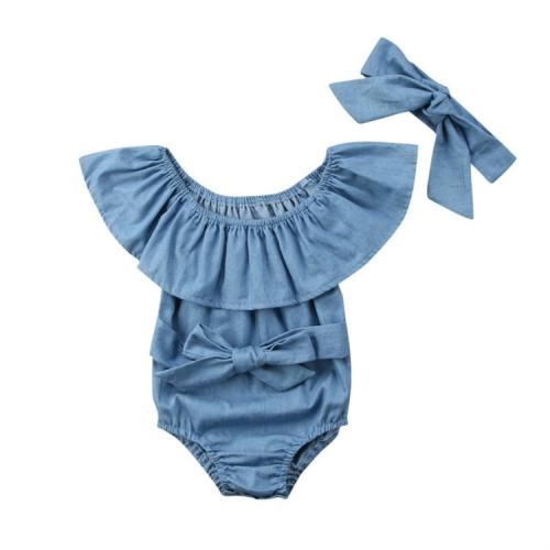 

Female Babies Denim Lotus Leaf Collar Of Shoulder Jumpsuits Triangle Romper + Bow-knot Tie Set, Kid Size:80CM(Light Blue)