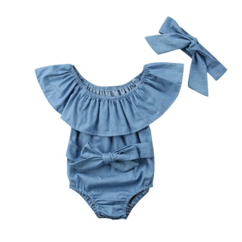 

Female Babies Denim Lotus Leaf Collar Of Shoulder Jumpsuits Triangle Romper + Bow-knot Tie Set, Kid Size:100CM(Light Blue)