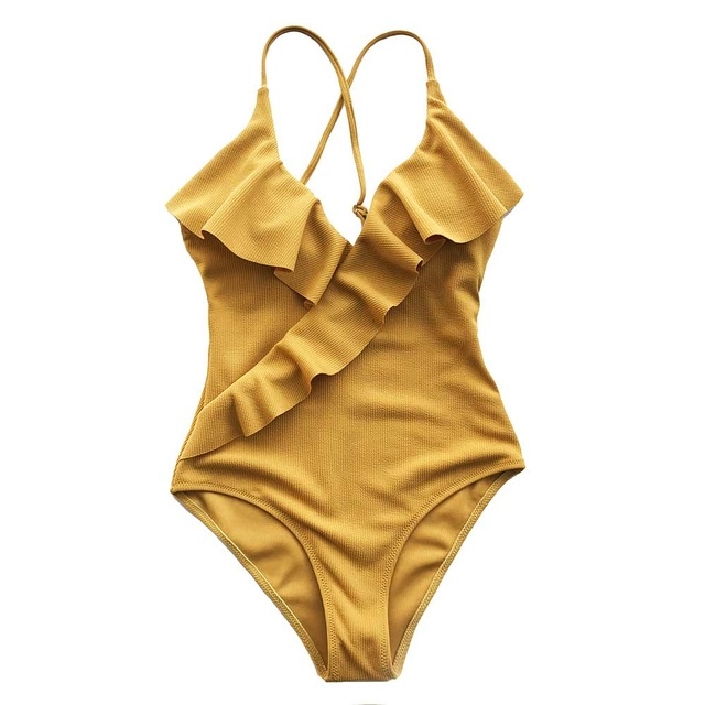 

2 PCS Solid Color Sexy V-neck Ruffled Crossed Shoulder Straps One-piece Swimsuit, Size:M(Yellow)