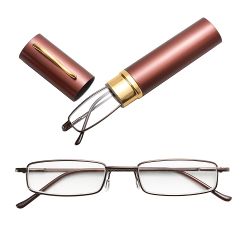 

Reading Glasses Metal Spring Foot Portable Presbyopic Glasses with Tube Case +1.00D(Brown )