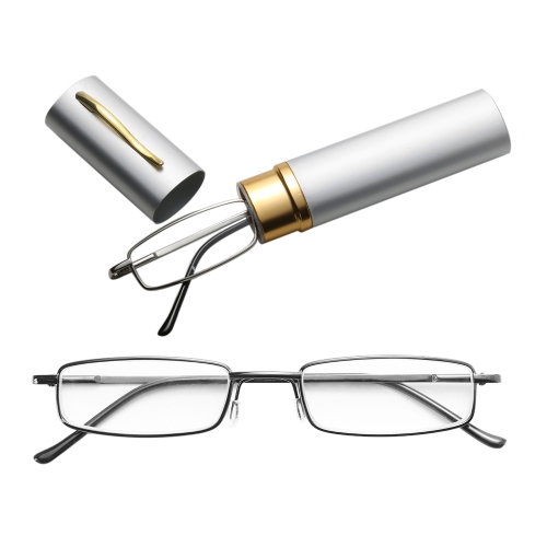 

Reading Glasses Metal Spring Foot Portable Presbyopic Glasses with Tube Case +1.50D(Silver Gray )