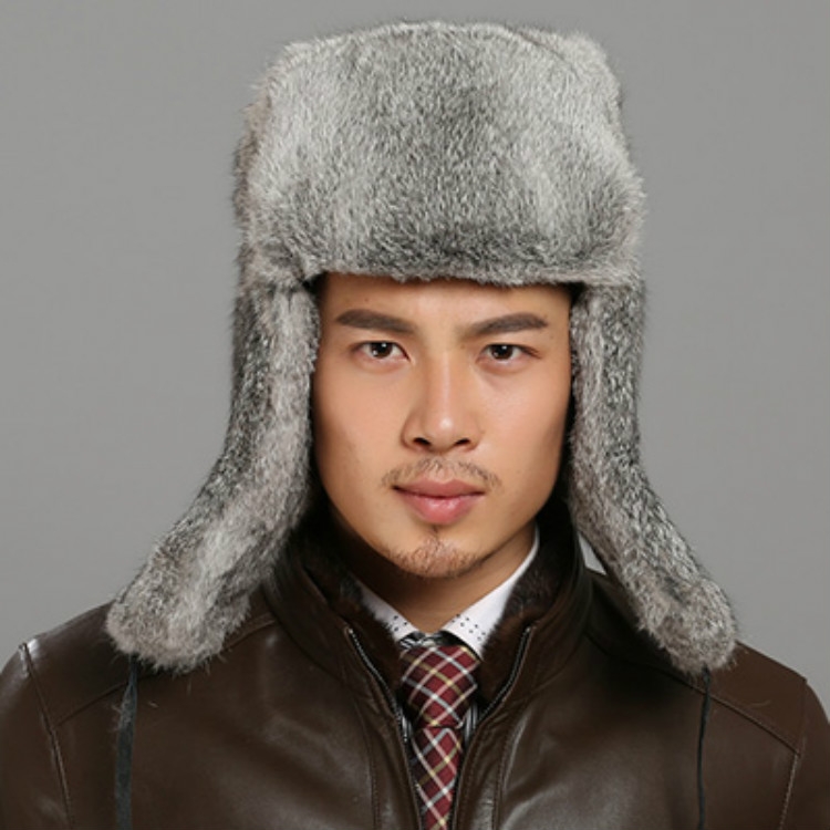 

Gray Autumn and Winter Thick Warm Rabbit Fur Bomber Hat Flight Hat for Men, Hat Size:XL