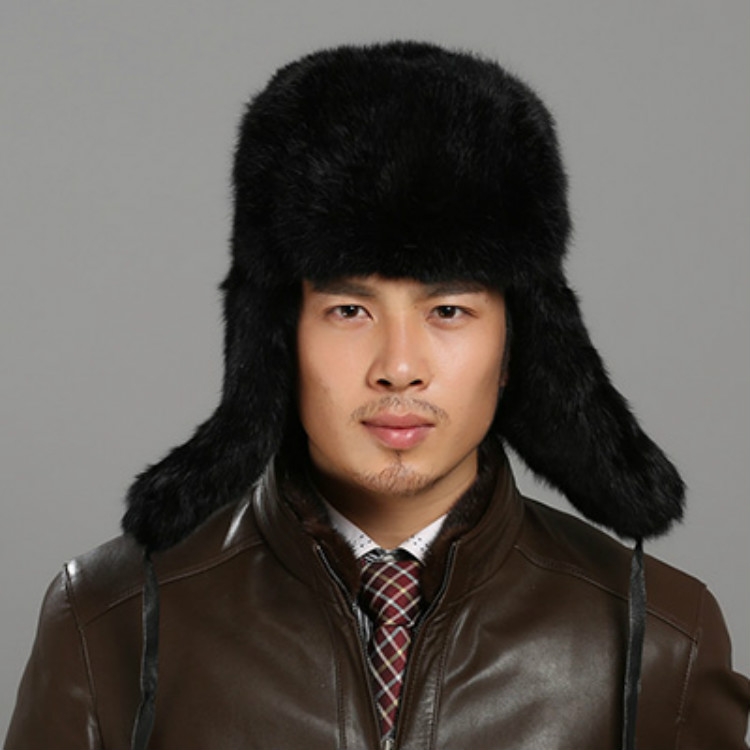 

Black Autumn and Winter Thick Warm Rabbit Fur Bomber Hat Flight Hat for Men, Hat Size:XXXL