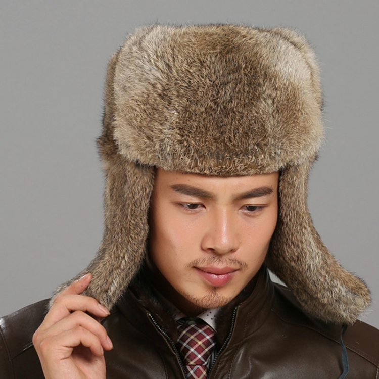 

Brown Autumn and Winter Thick Warm Rabbit Fur Bomber Hat Flight Hat for Men, Hat Size:XXXL