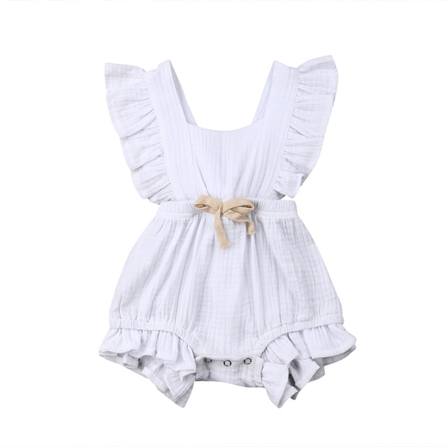 

Baby Solid Color Sleeveless Ruffled Jumpsuit Back Strap Romper, Size:100cm(White)