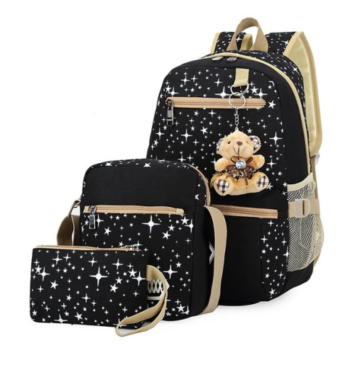 

Fashionable Canvas Star Printing Backpacks with Bear Pendant Travel Bag Rucksacks, 3 PCS / Set(Black)