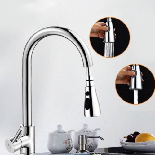 

Kitchen Pull-out Faucet Hot And Cold Home 304 Stainless Steel Retractable Rotating Faucet, Style:Copper Plating + Water Stop