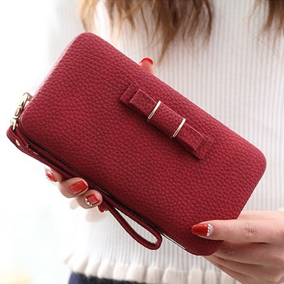 

Multifunctional Litchi Texture Buckle PU Ladies Handbag Bow Wallet(Red)