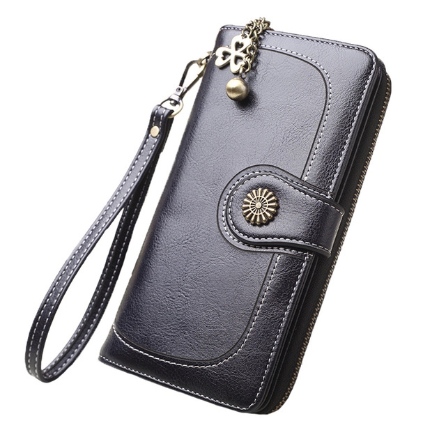 

Vintage Button Phone Purses Women Wallets Female Purse Leather Brand Retro Ladies Long Zipper Woman Wallet Card Clutch(Long black)