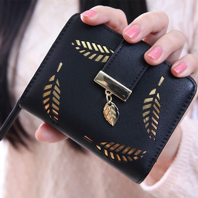 

Lady Short Purse Zipper Buckle Hollow Leaf Zipper Wallet(black)