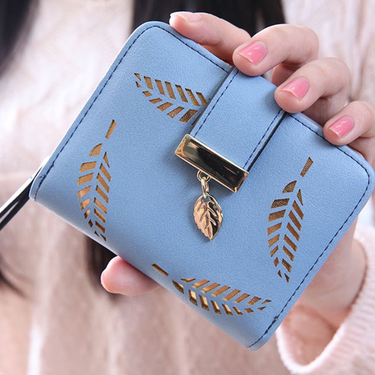 

Lady Short Purse Zipper Buckle Hollow Leaf Zipper Wallet(blue)