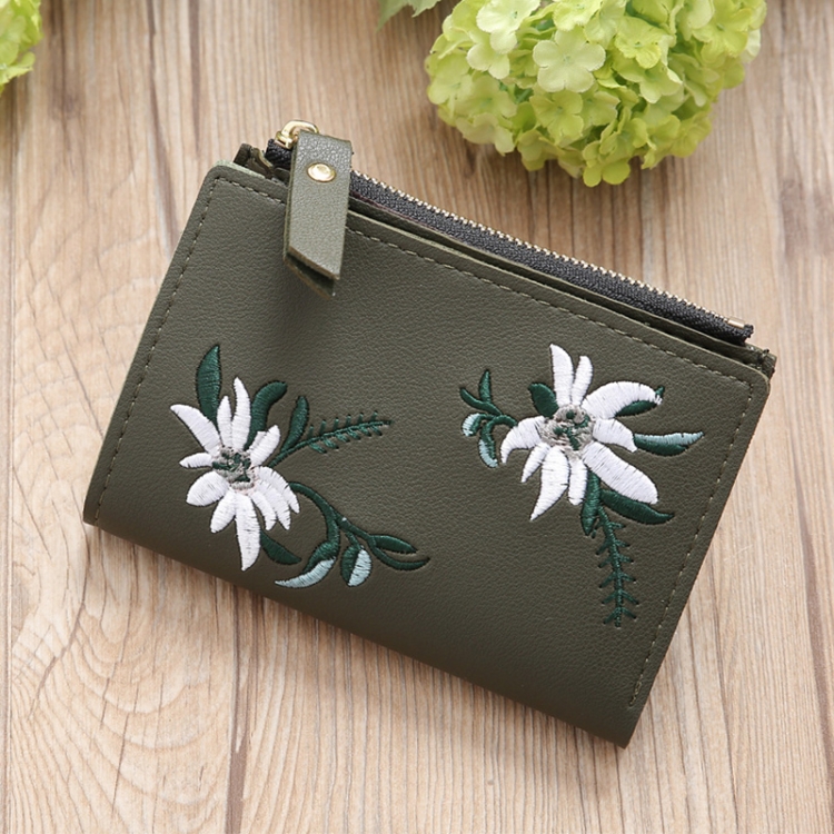 

Embroidery Short Wallet PU Leather Wallets Female Floral Hasp Coin Purse Zipper Bag Card Holders(Army Green)